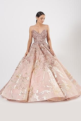 salmon pink embroidered bridal gown with belt