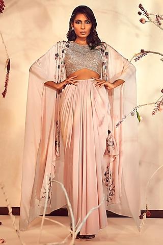 salmon pink embroidered cape set