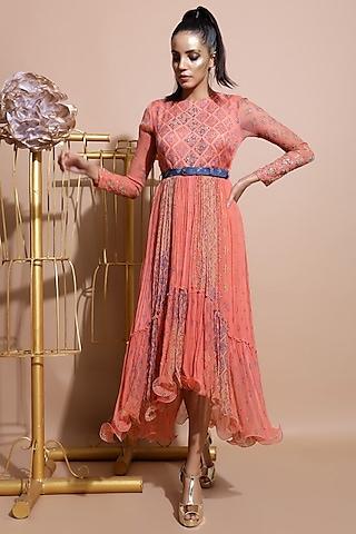 salmon pink embroidered dress with blue printed belt