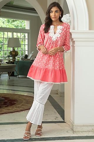 salmon pink embroidered kurta set