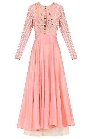 salmon pink embroidered kurta with palazzo pants