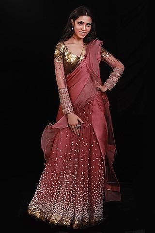 salmon pink embroidered saree set