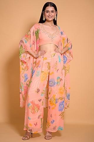 salmon pink georgette & shantoon floral printed cape set