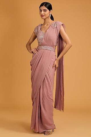 salmon pink georgette bead embroidered draped saree set