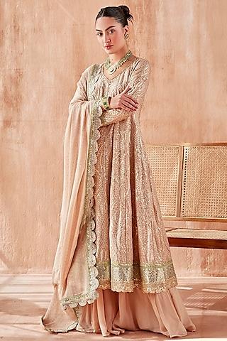 salmon pink georgette embroidered anarkali set