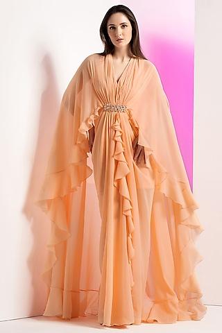 salmon pink georgette frill cape dress