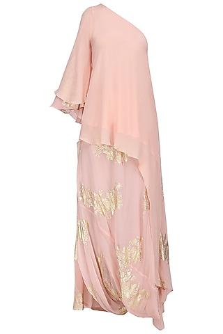salmon pink gold foil printed side godet top with cowl maxi skirt