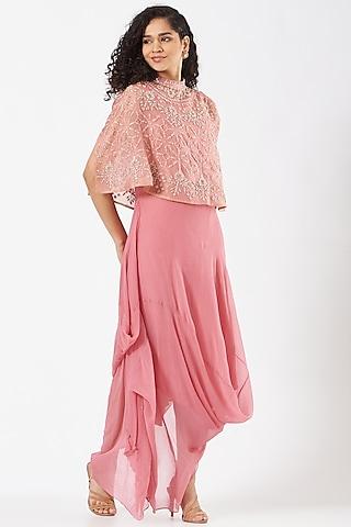 salmon pink hand embellished cape dress