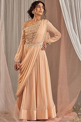 salmon pink hand embroidered one-shoulder anarkali set