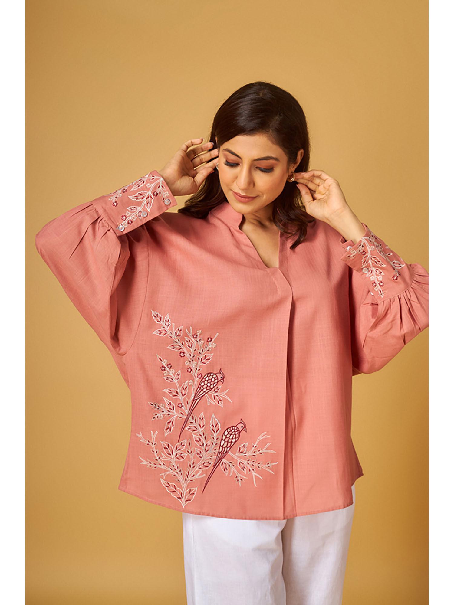 salmon pink linen embroidered top