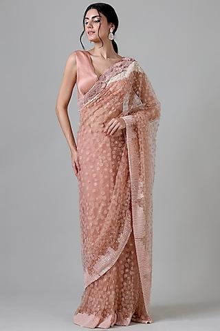 salmon pink nylon embroidered saree set