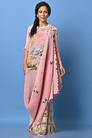 salmon pink pleated polyester digital printed & bead embroidered wrapped tunic