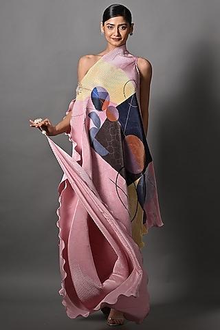 salmon pink pleated polyester digital printed draped tunic