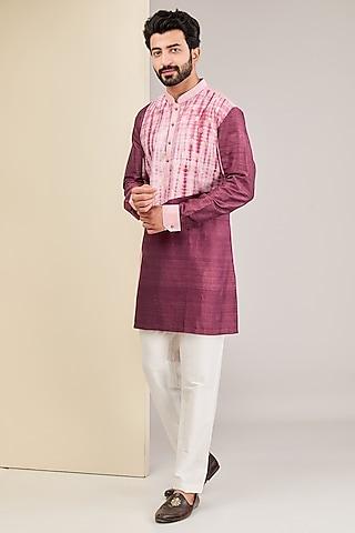 salmon pink raw silk patchwork kurta set