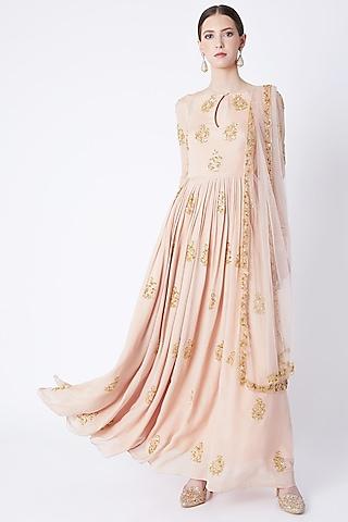 salmon pink sequins embroidered anarkali with dupatta