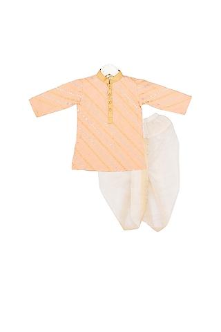 salmon pink zari embroidered kurta set for boys