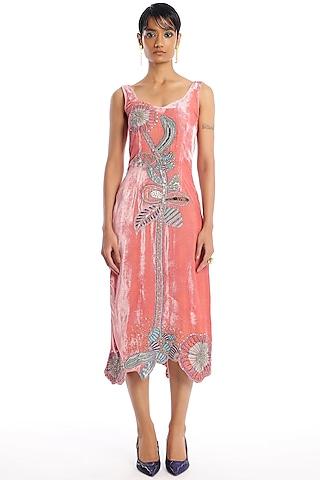 salmon velvet applique embellished gown