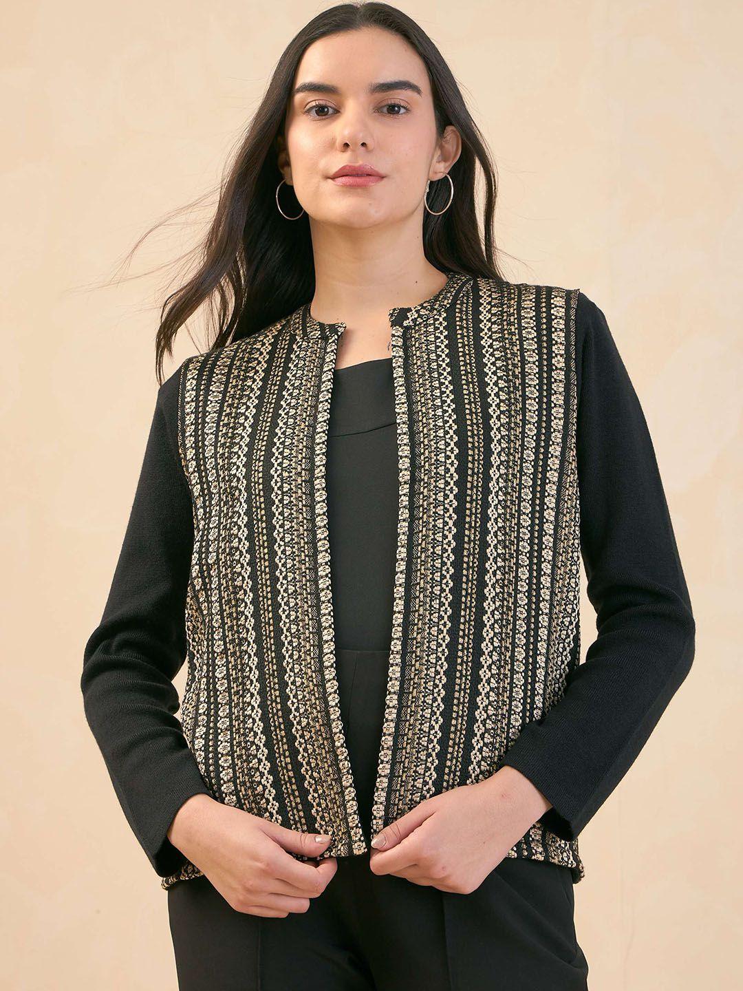 salt attire women black gold-toned acrylic open front jacket