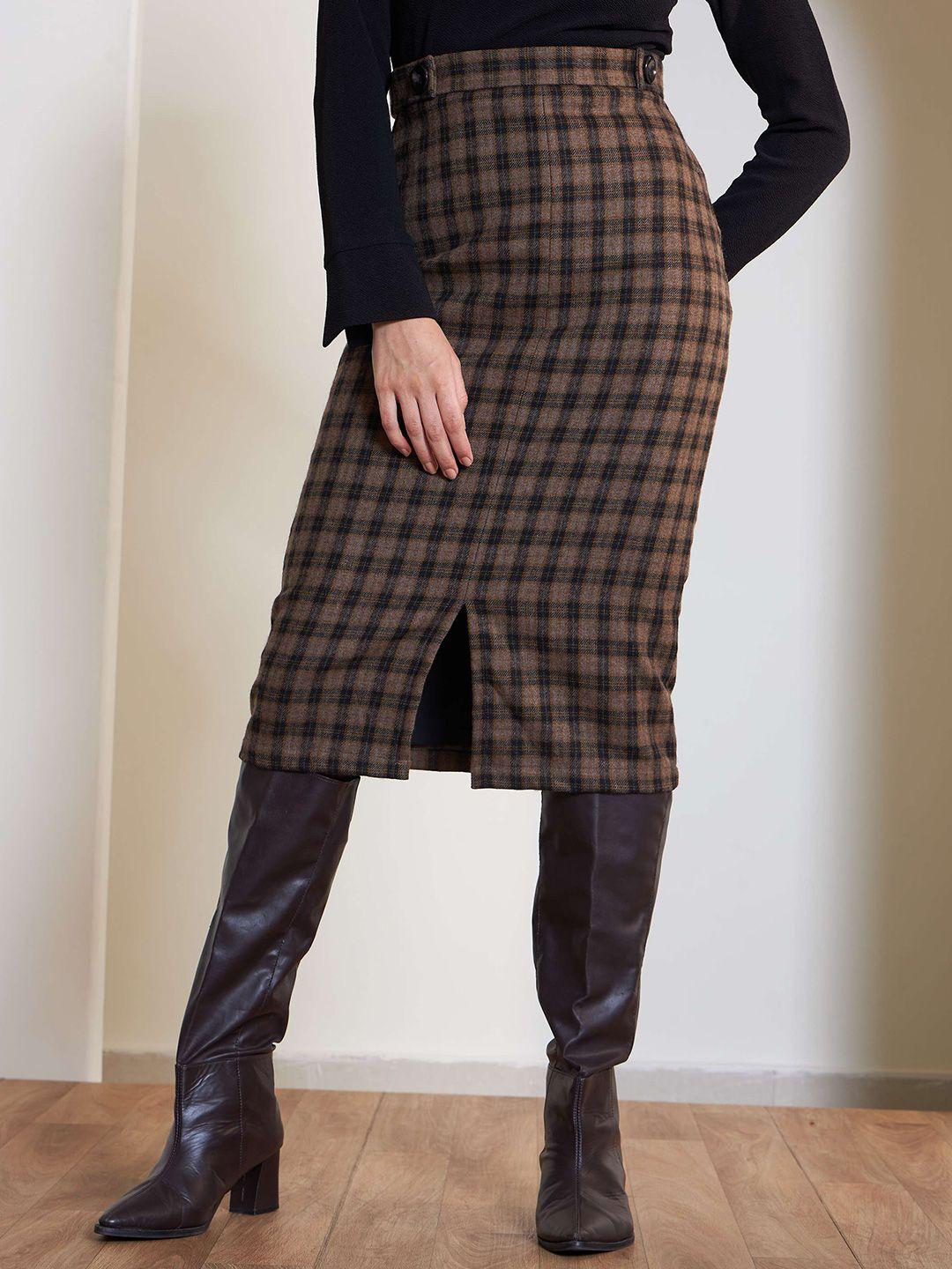 salt attire checked woollen straight midi skirt