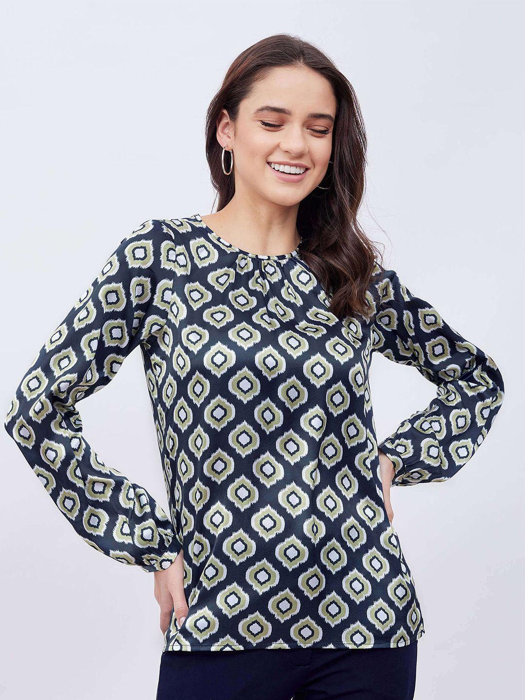 salt attire geometric printed gathers detail satin top