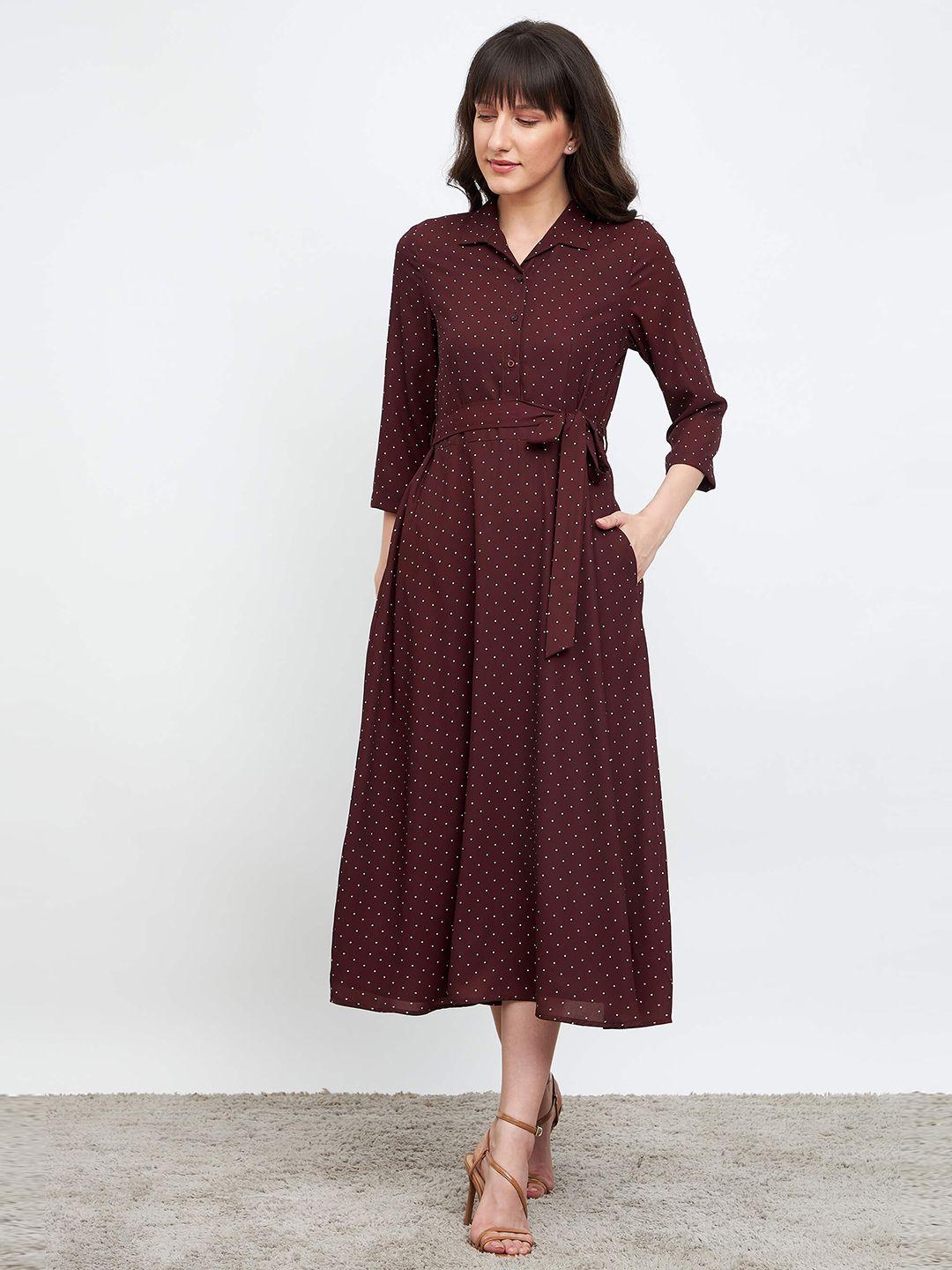 salt attire polka dots printed midi a-line dress with belt