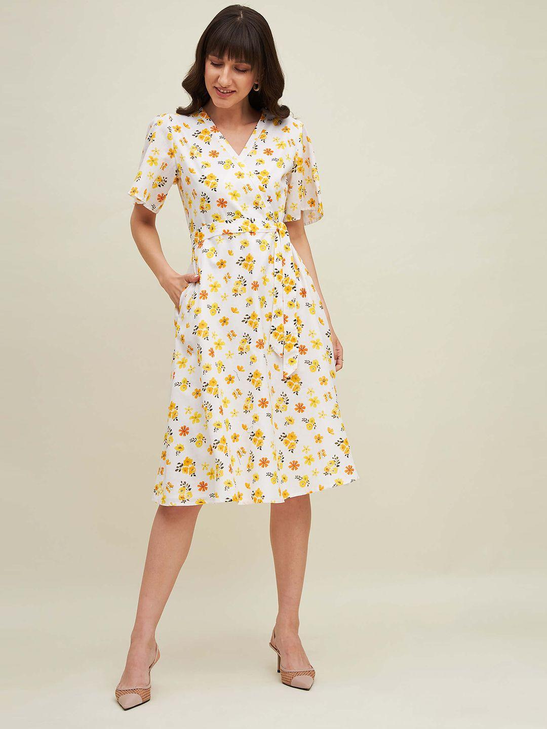 salt attire v-neck floral print flared sleeve fit & flare dress