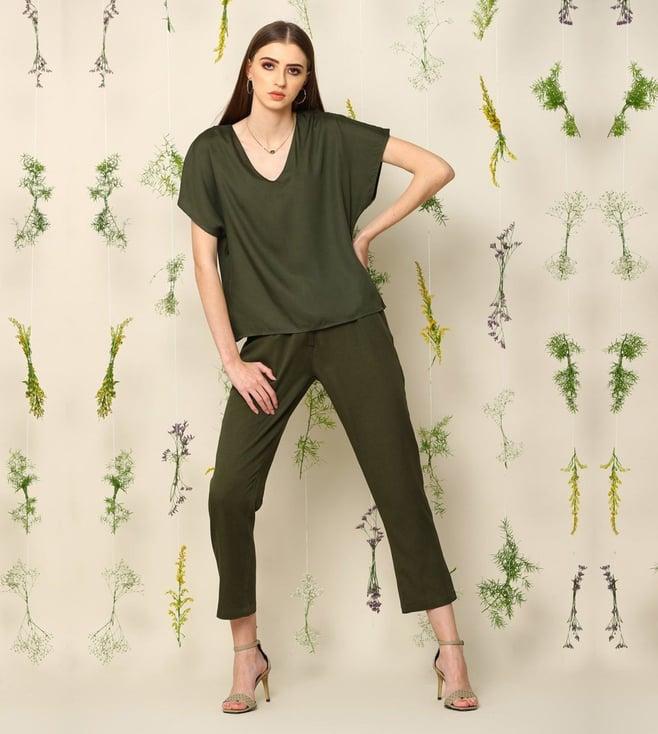 saltpetre classic tencel olive green top and trouser co-ord set