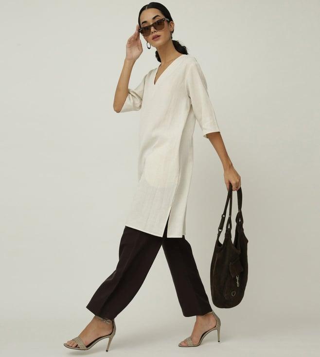 saltpetre classic tencel solid cream slip dress with coffee brown trousers co-ord set