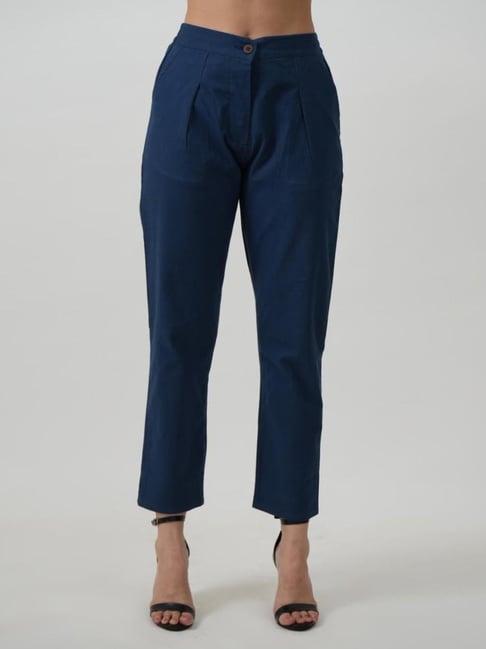 saltpetre classic tencel tapered navy blue trousers