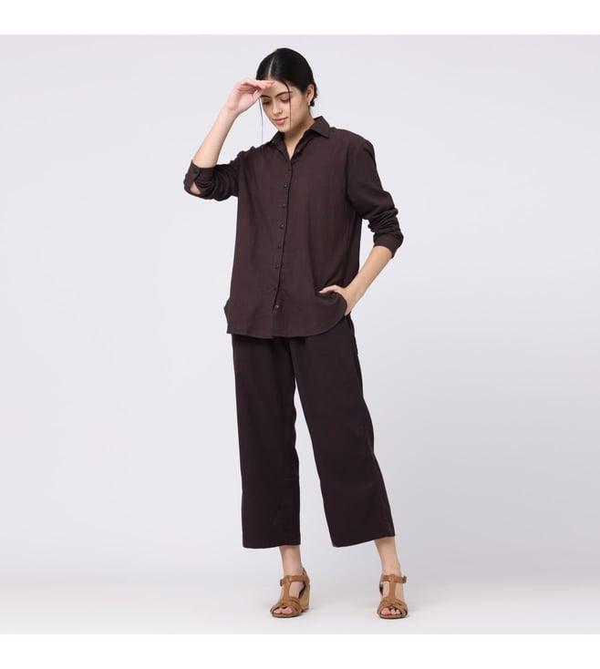 saltpetre elegant linen coffee brown shirt with wide leg trousers co-ord set