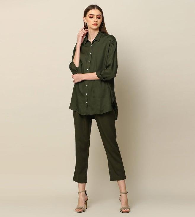 saltpetre elegant linen olive shirt with tapered trousers co-ord set