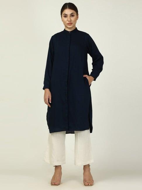 saltpetre elegant navy long shirt in tencel