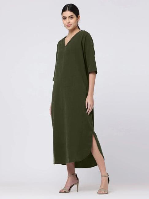 saltpetre elegant olive maxi dress in tencel