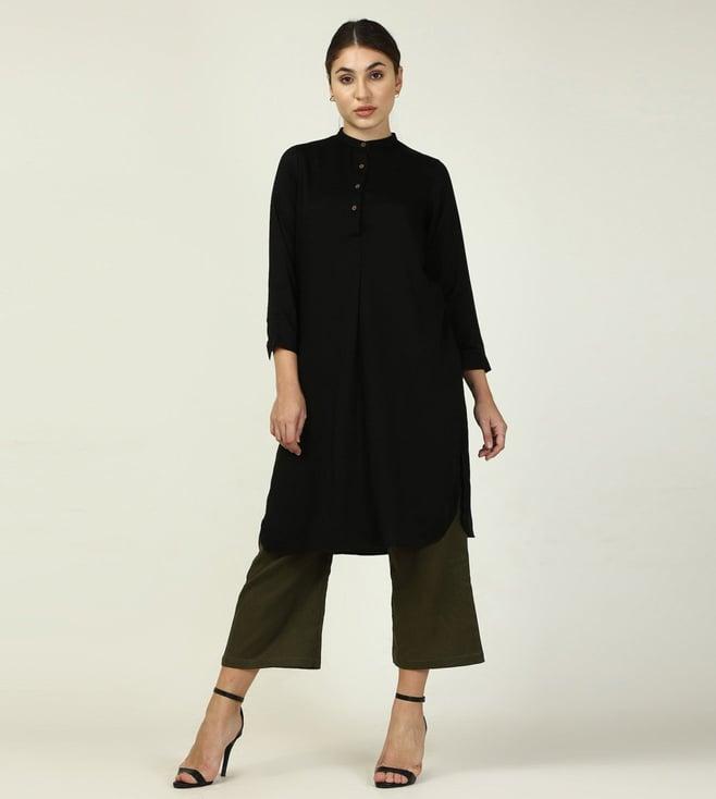 saltpetre elegant tencel black tunic & olive wide leg trouser co-ord set