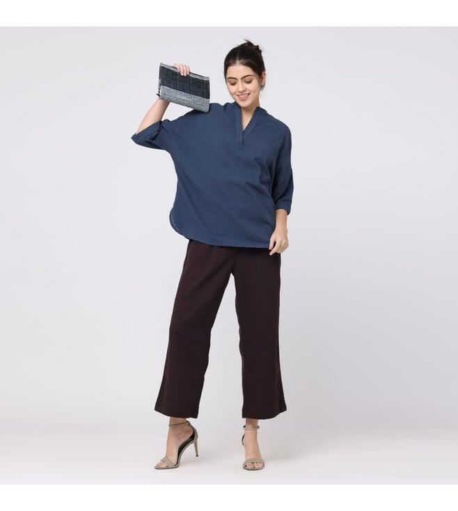 saltpetre elegant tencel navy top & coffee brown wide leg trouser co-ord set