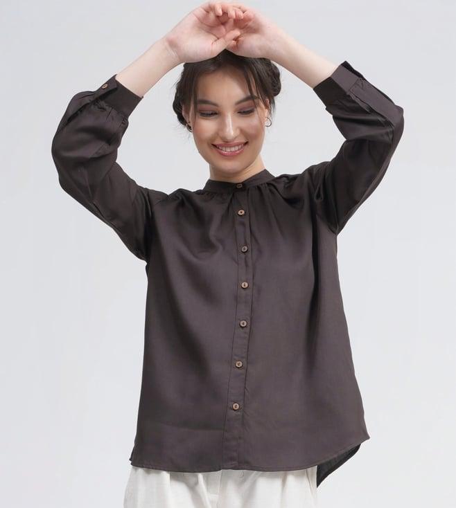 saltpetre modal solid coffee gather neck shirt