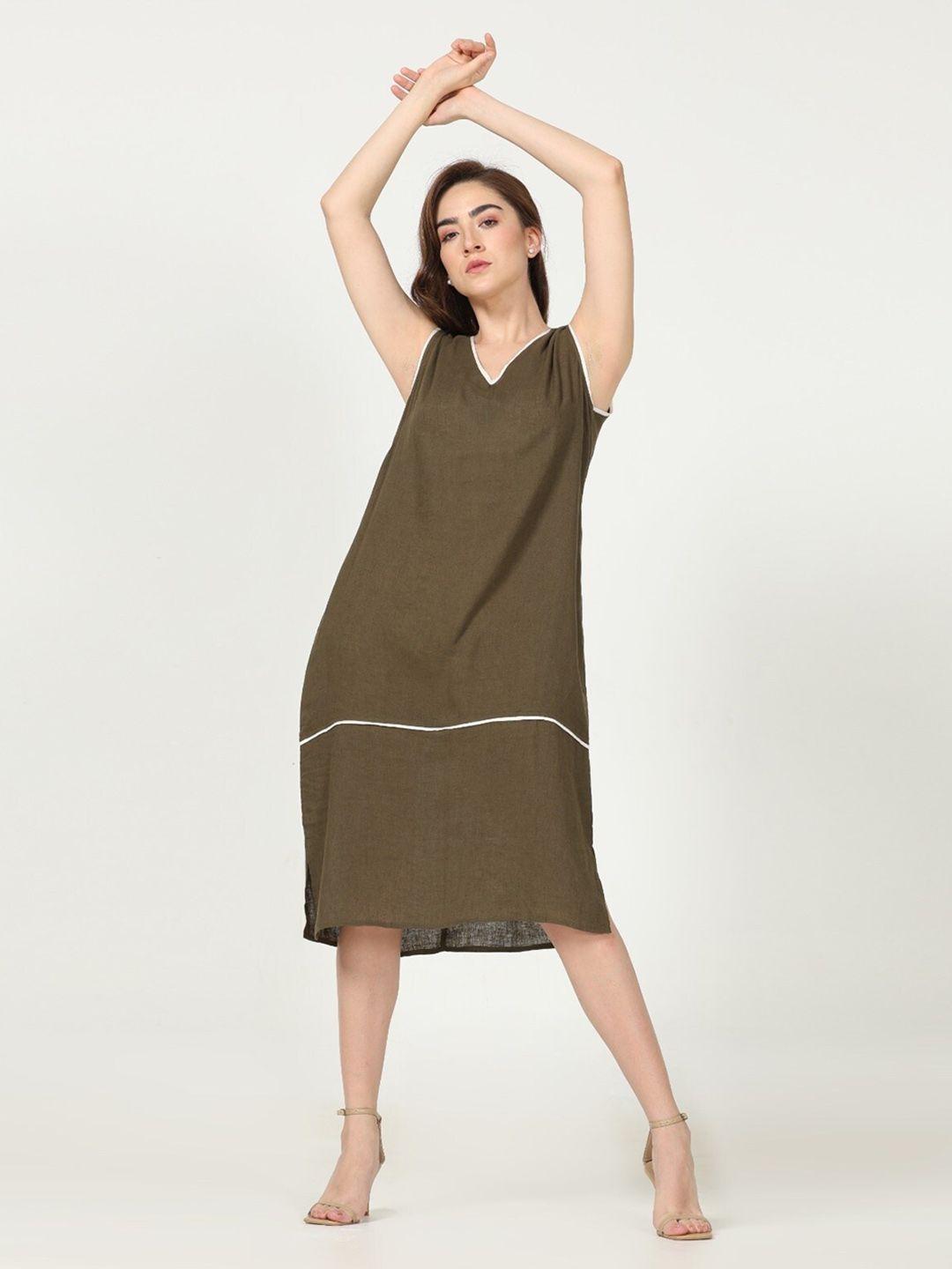 saltpetre olive green a-line midi sleeveless piping shift dress