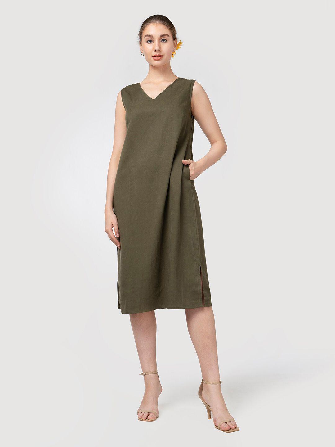 saltpetre olive green midi sleeveless shift dress