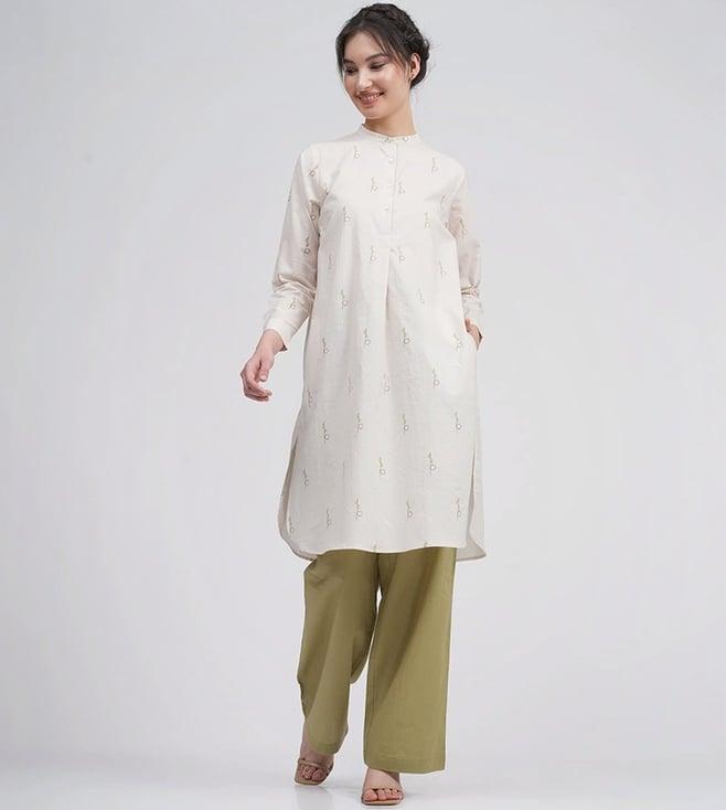 saltpetre organic cotton block printed cream pleated tunic with sage green trousers co-ord set