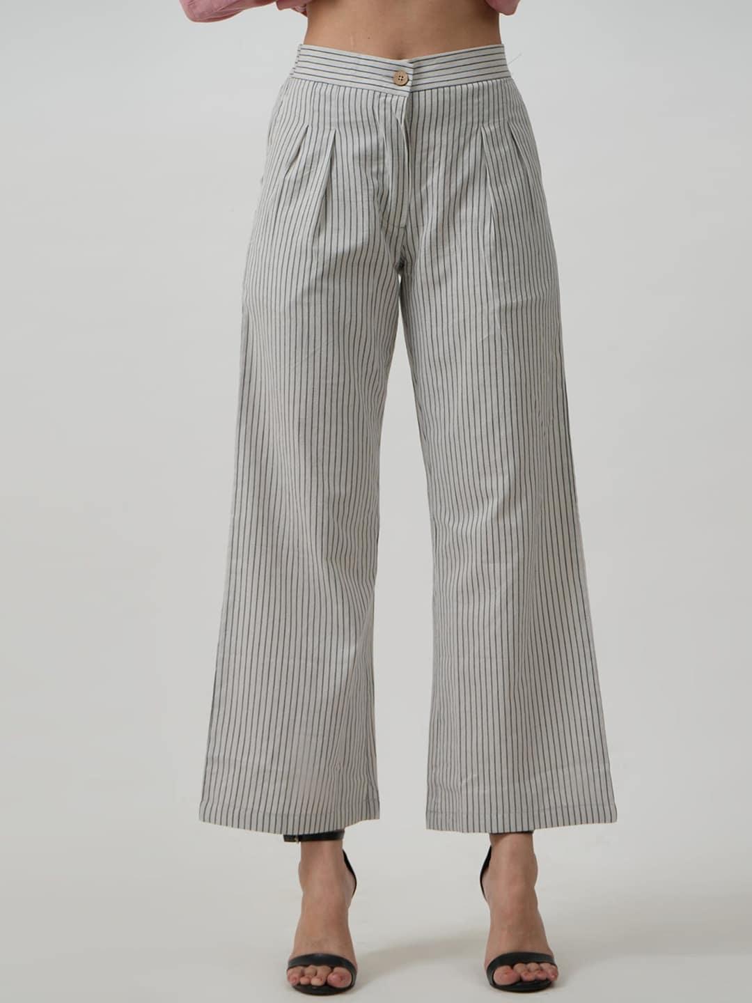saltpetre women classic striped straight fit pleated parallel trousers
