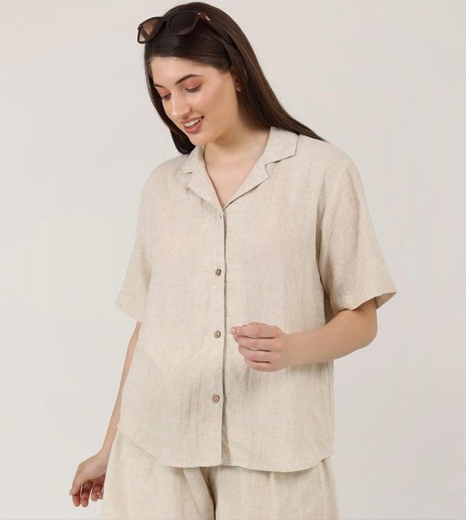 saltpetre women linen solid beige cuban collar shirt