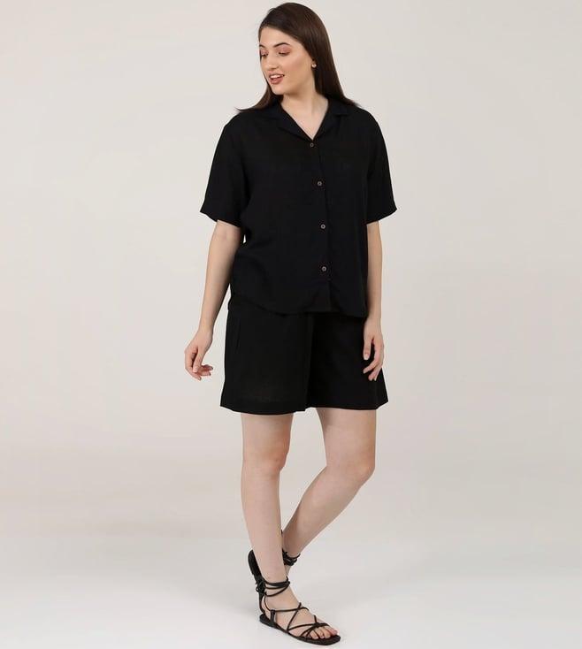 saltpetre women linen solid black cuban collar shirt