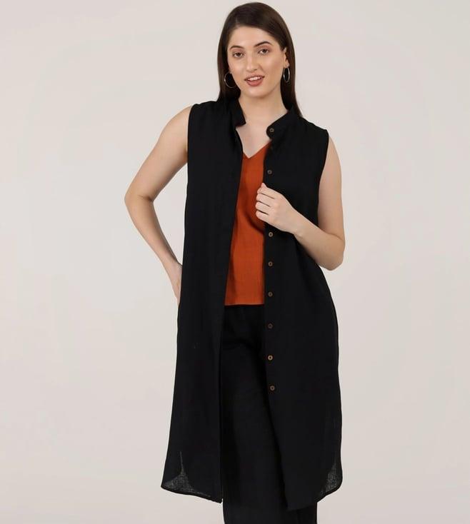 saltpetre women linen solid black mandarin collar long shirt tunic