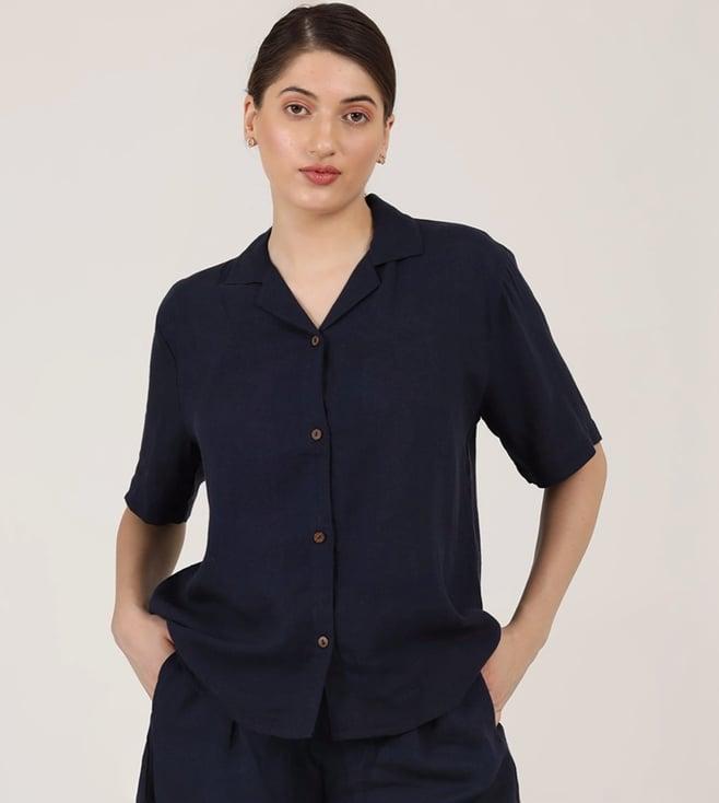 saltpetre women linen solid navy cuban collar shirt