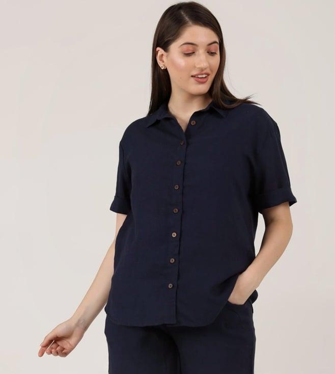 saltpetre women linen solid navy short sleeve shirt