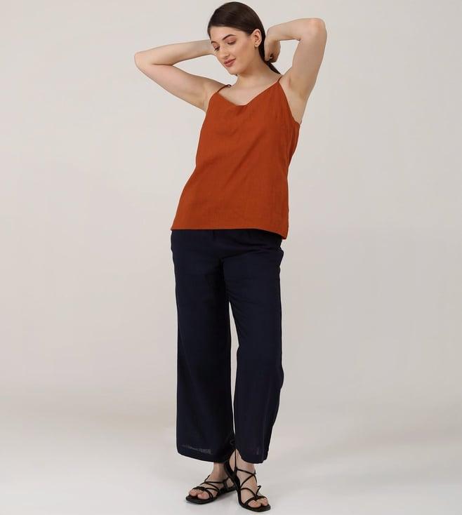 saltpetre women solid autumn rust slip top with navy wide leg pants co-ord set