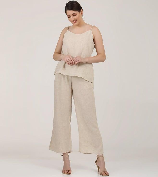 saltpetre women solid linen beige slip top with wide leg pants co-ord set
