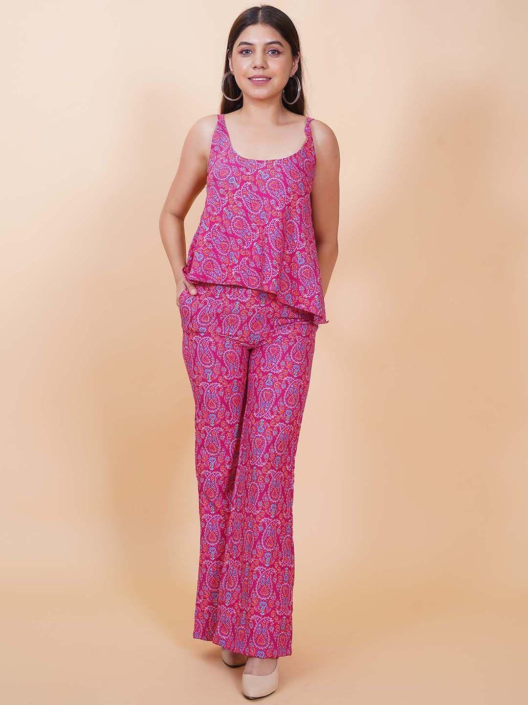 salvia sky printed round-neck top with trouser co-ords