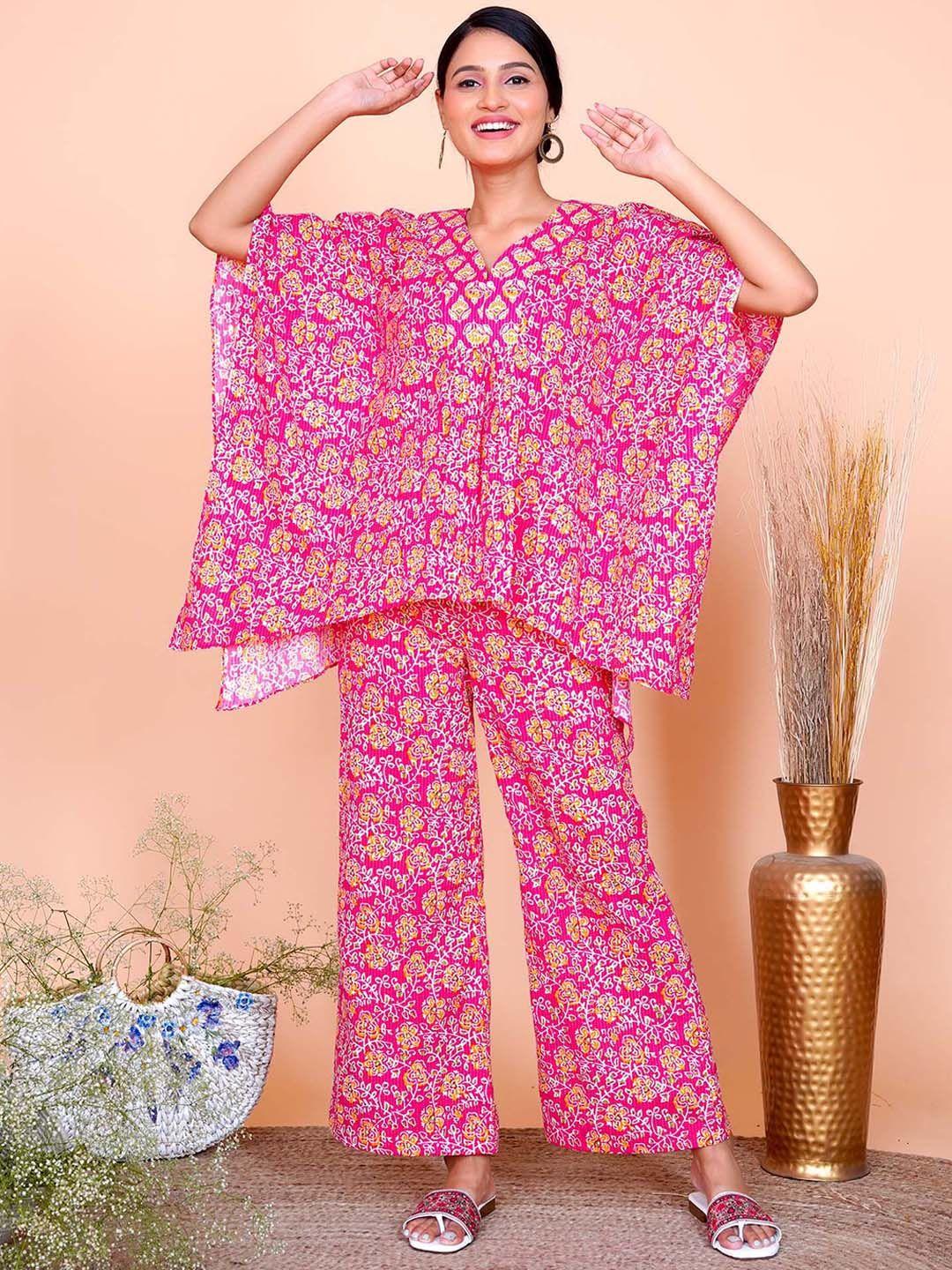 salvia sky printed pure cotton kaftan top with trouser co-ords