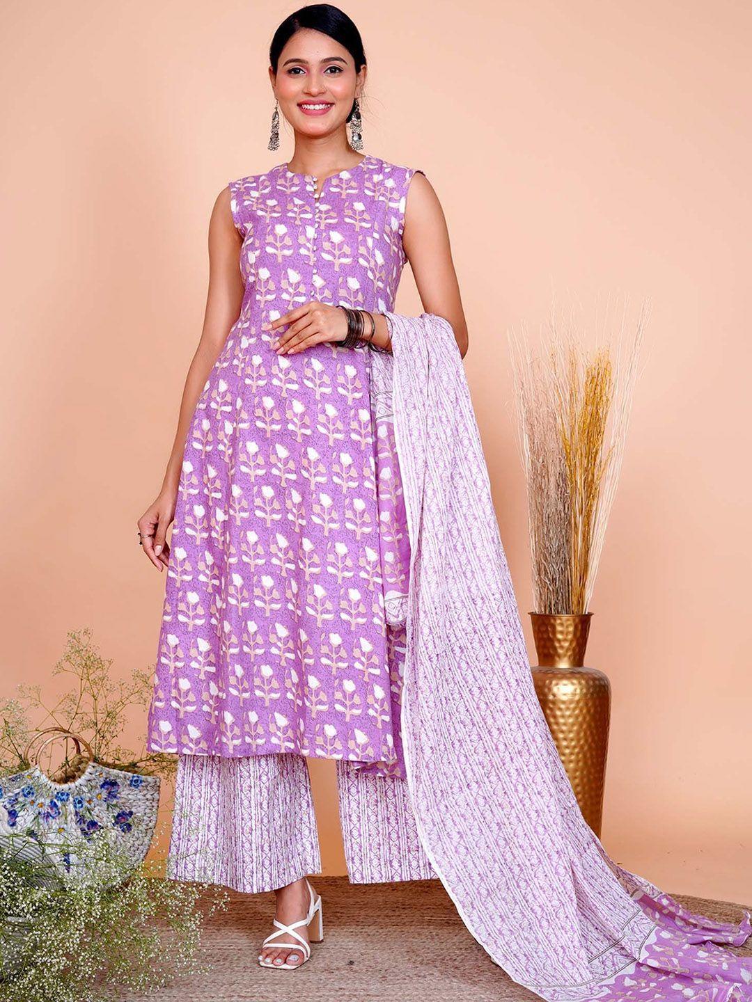 salvia sky round neck sleeveless floral printed regular pure cotton kurta set